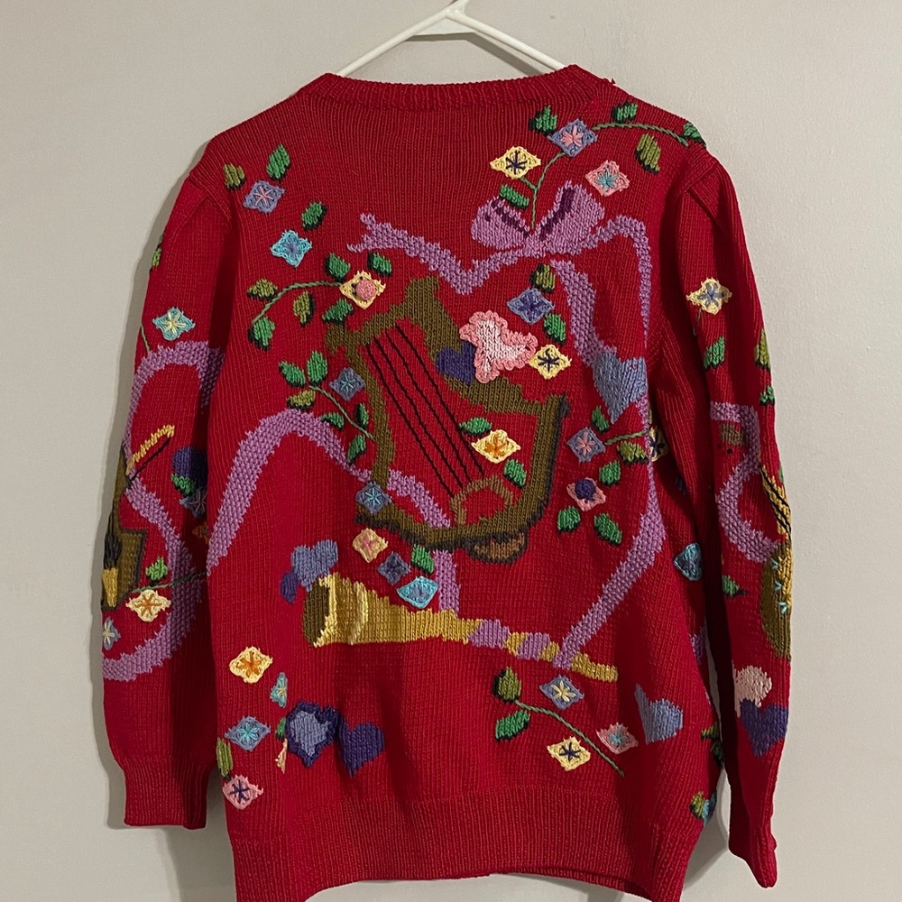 Vintage Berek Bergdorf Goodman red knit whimsical grandmacore cardigan sweater M - Picture 5 of 9
